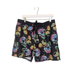 Rick and Morty Adult Swim Cropp Swim Trunks Shorts Black Neon Mens Size Large